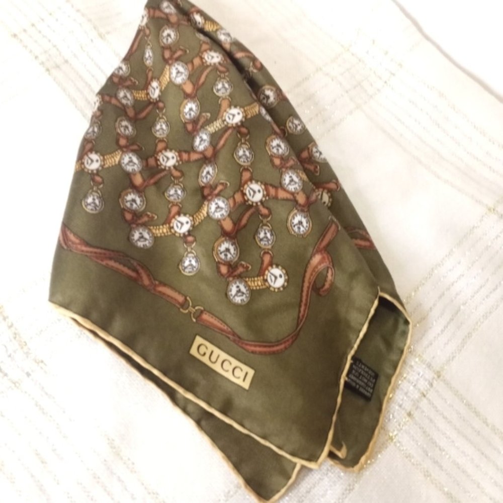GUCCI Vintage OlivevGreen Silk Wrist Watch Clock Scarf Handkerchief - Picture 14 of 16